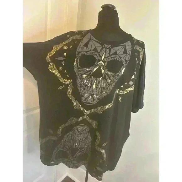 Vintage Authentic Sean John Mens Dual Skulls 2XL Gold Black Studded T-Shirt - Picture 2 of 9